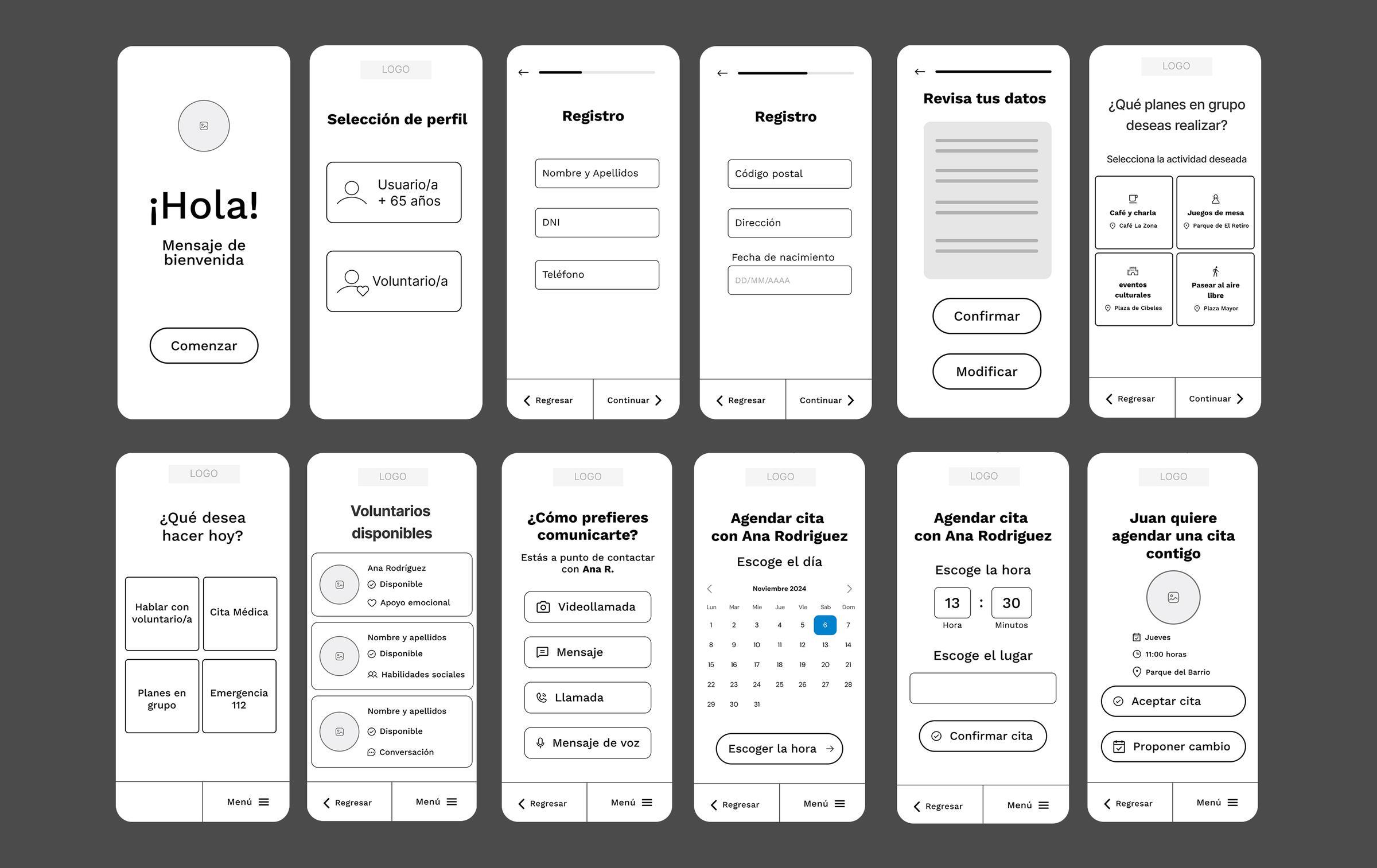 Madrid te Acompaña — Low-fidelity prototype screens